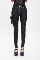Black Print Buckle Straps Women's Punk Pants with Leg Bag